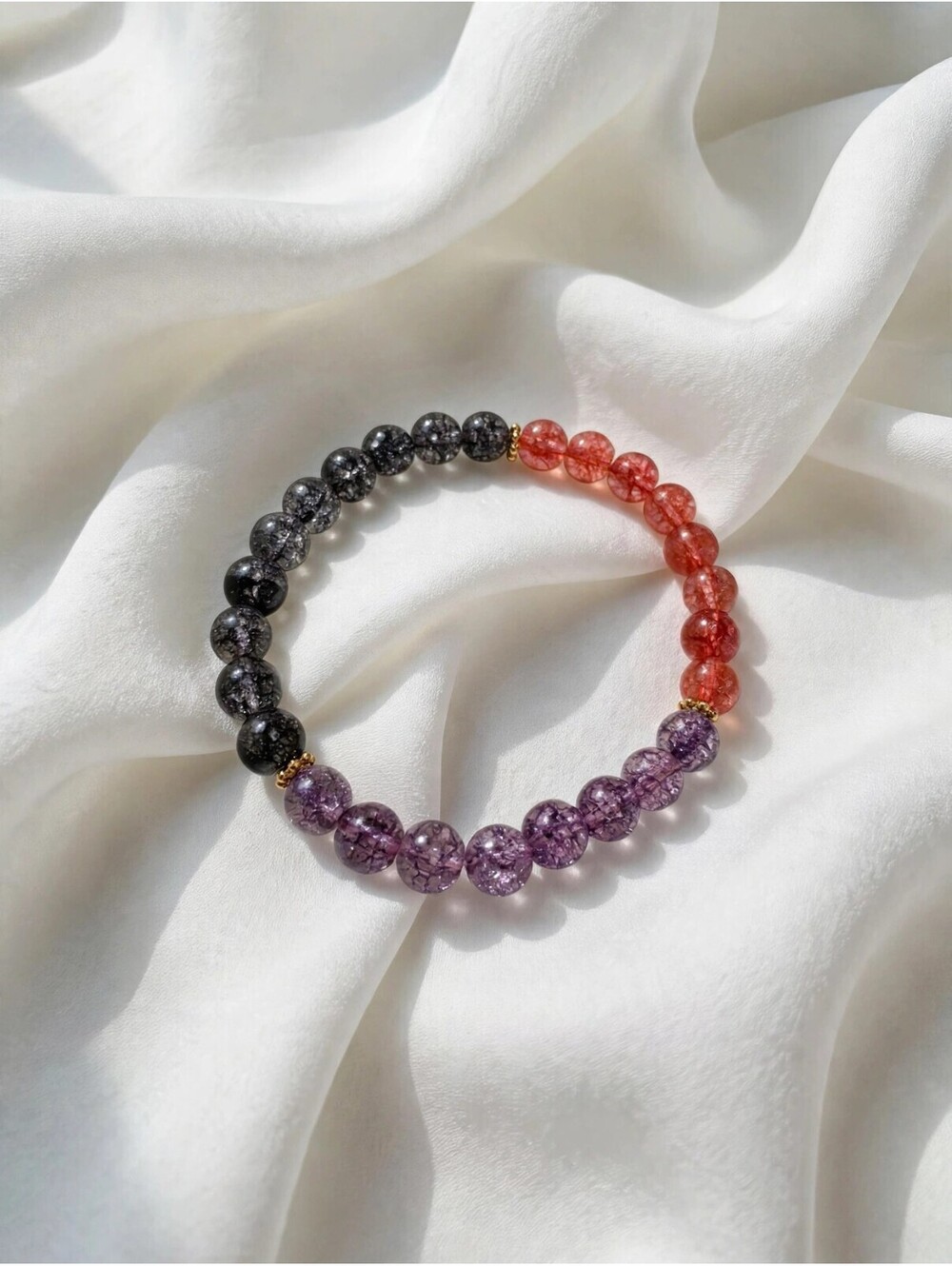 Red Purple Black Crackle Glass Bead Stretch Bracelet Gold Spacers 8mm